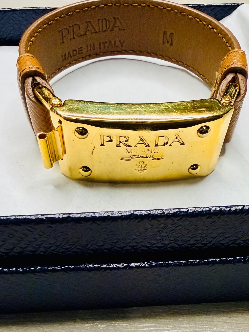 Prada Saffiano Tan Leather and Gold Hardware Bracelet
